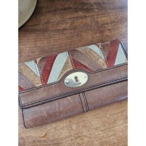 Vintage Fossil Brown Leather Multi Color Patchwork Key Zipper Card Clutch Wallet